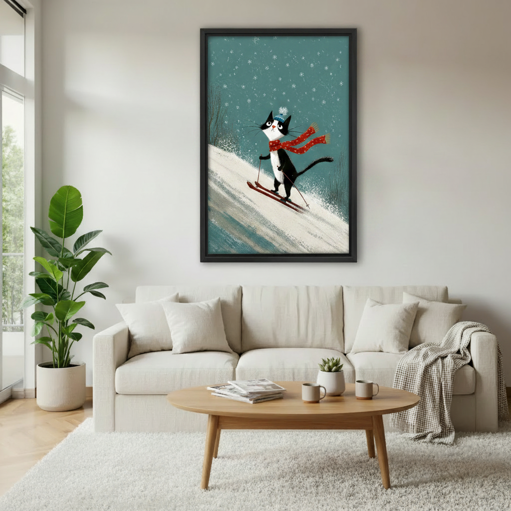 Winter skiing cat framed wall art above beige sofa in bright modern living room