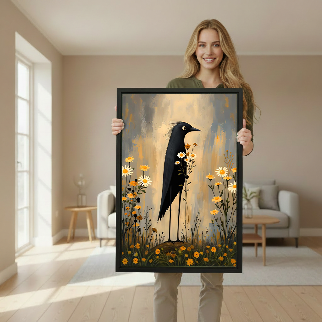 Black bird floral canvas wall art displayed in a bright reading nook above a cream chair.