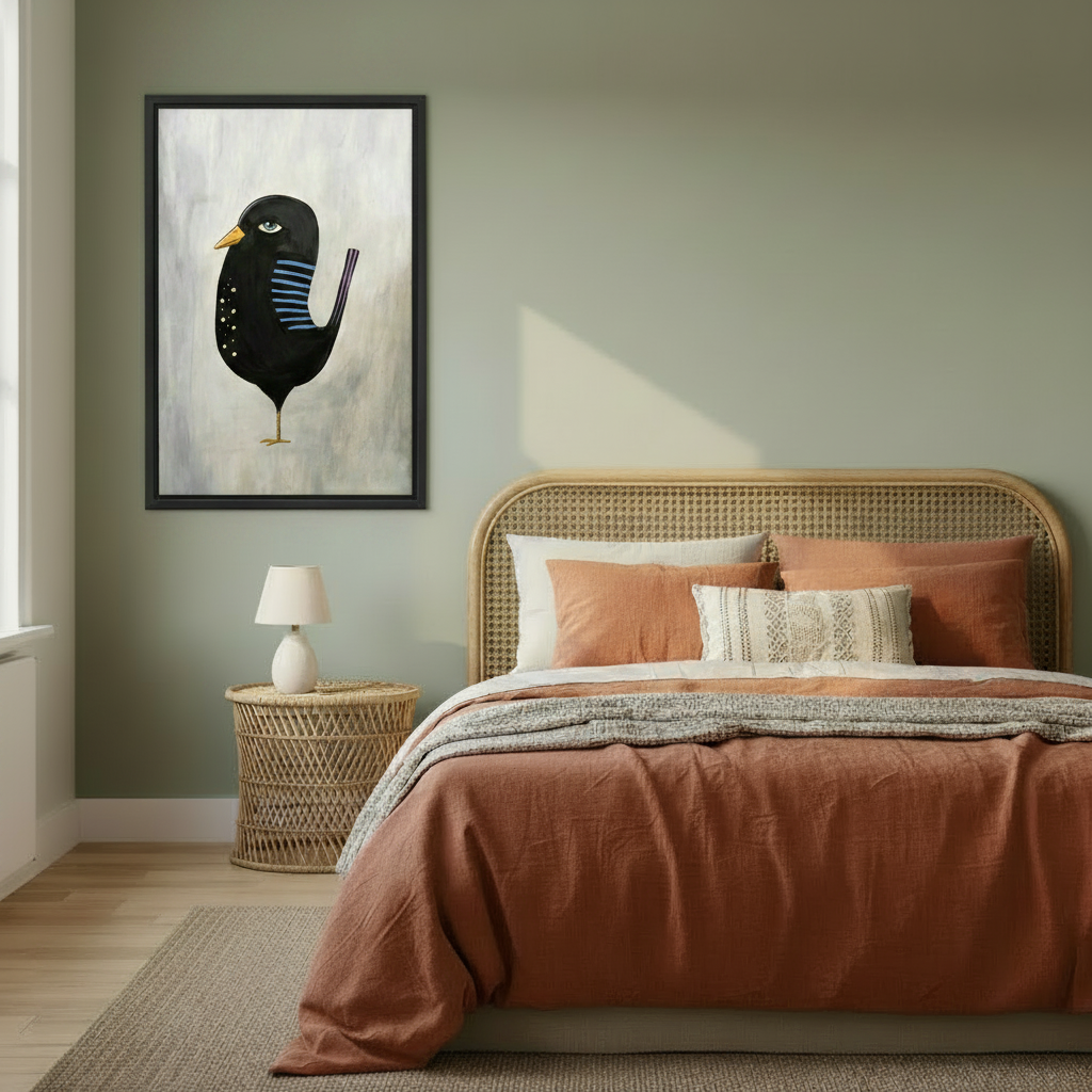 Folk art black bird framed canvas wall art on sage green wall beside rattan bed with terracotta bedding