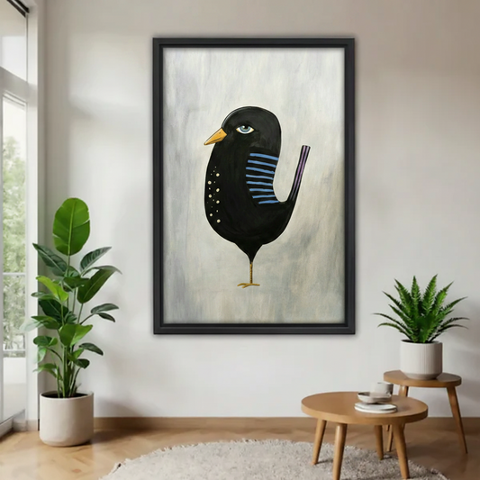 Folk art black bird with blue stripe in black frame on white wall flanked by large green indoor plants