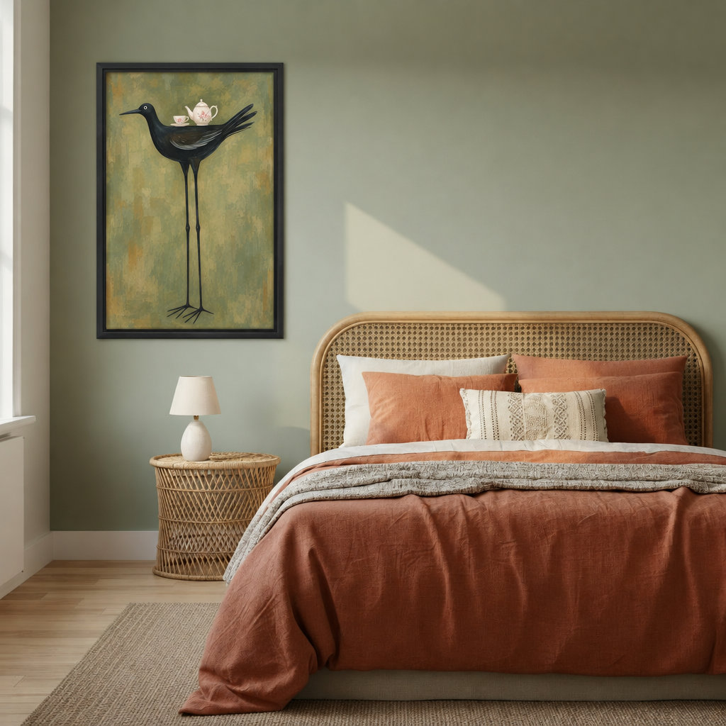 Framed black bird tea party canvas wall art beside a woven headboard and terracotta bedding in a bedroom.