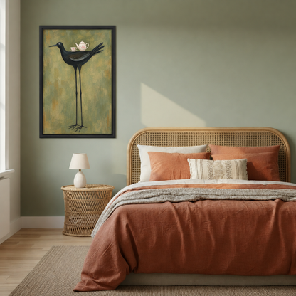 Framed black bird tea party canvas wall art beside a woven headboard and terracotta bedding in a bedroom.
