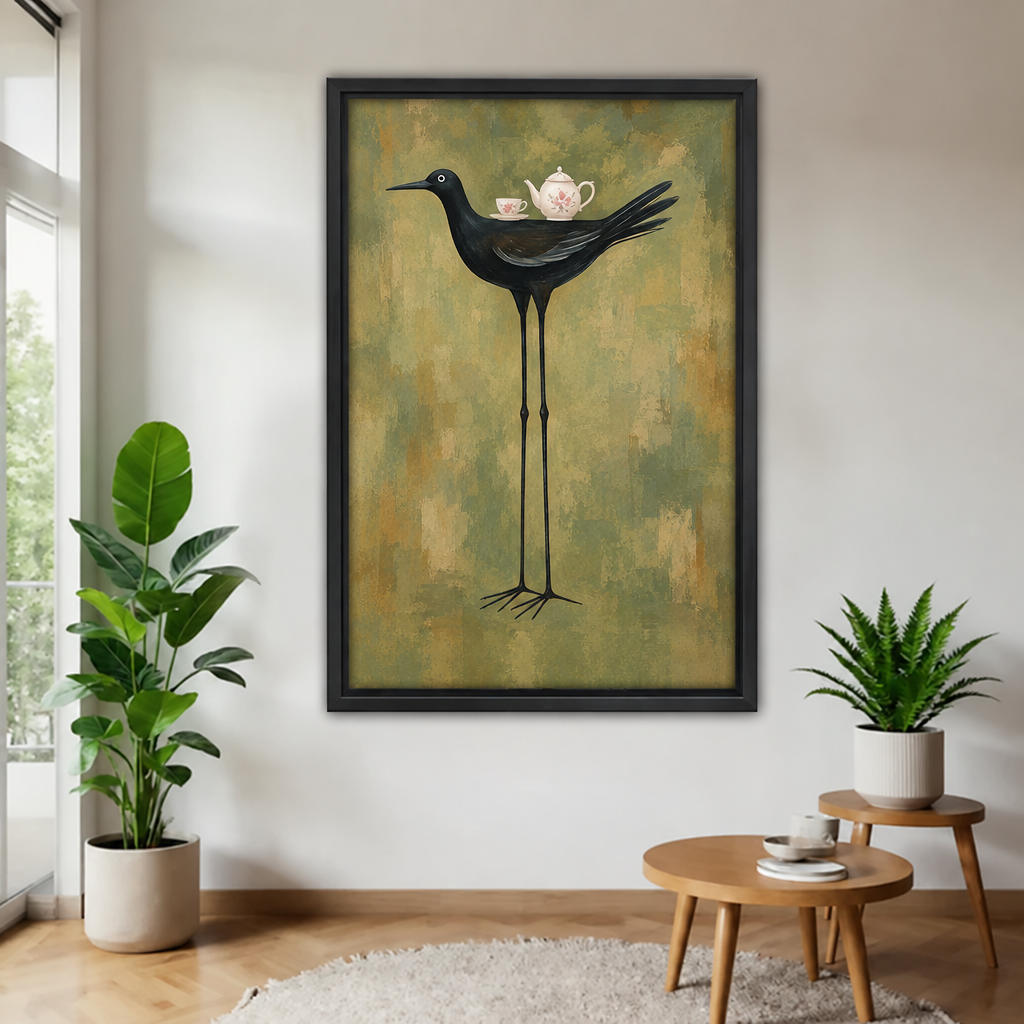 Black bird tea party canvas wall art in a black frame, displayed between plants beside wooden tables.
