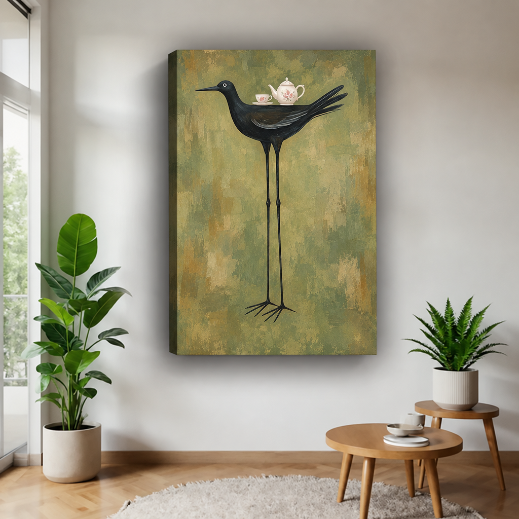 Black bird tea party canvas wall art on an unframed gallery-wrap canvas with visible side depth beside houseplants.
