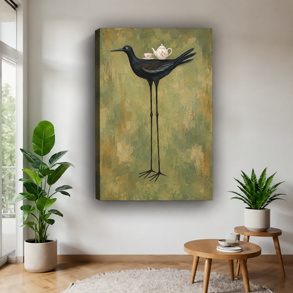 Black bird tea party canvas wall art on an unframed gallery-wrap canvas with visible side depth beside houseplants.