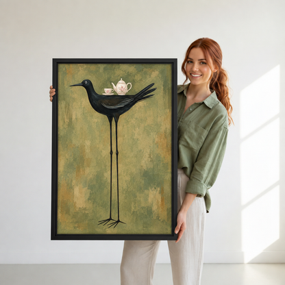 Woman holding framed black bird tea party canvas wall art featuring a floral teapot against an olive background.