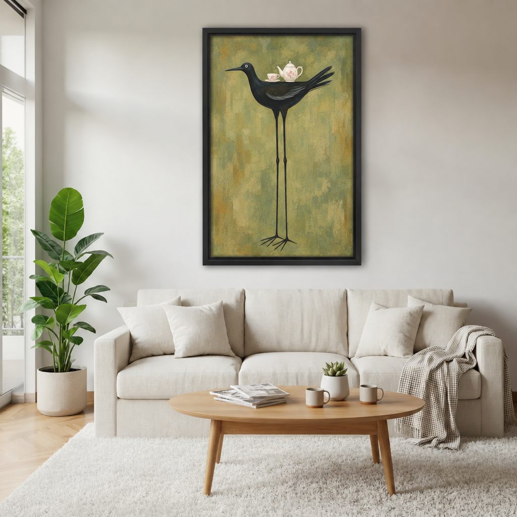 Black bird tea party canvas wall art above a cream sofa with a wooden coffee table and leafy plant.