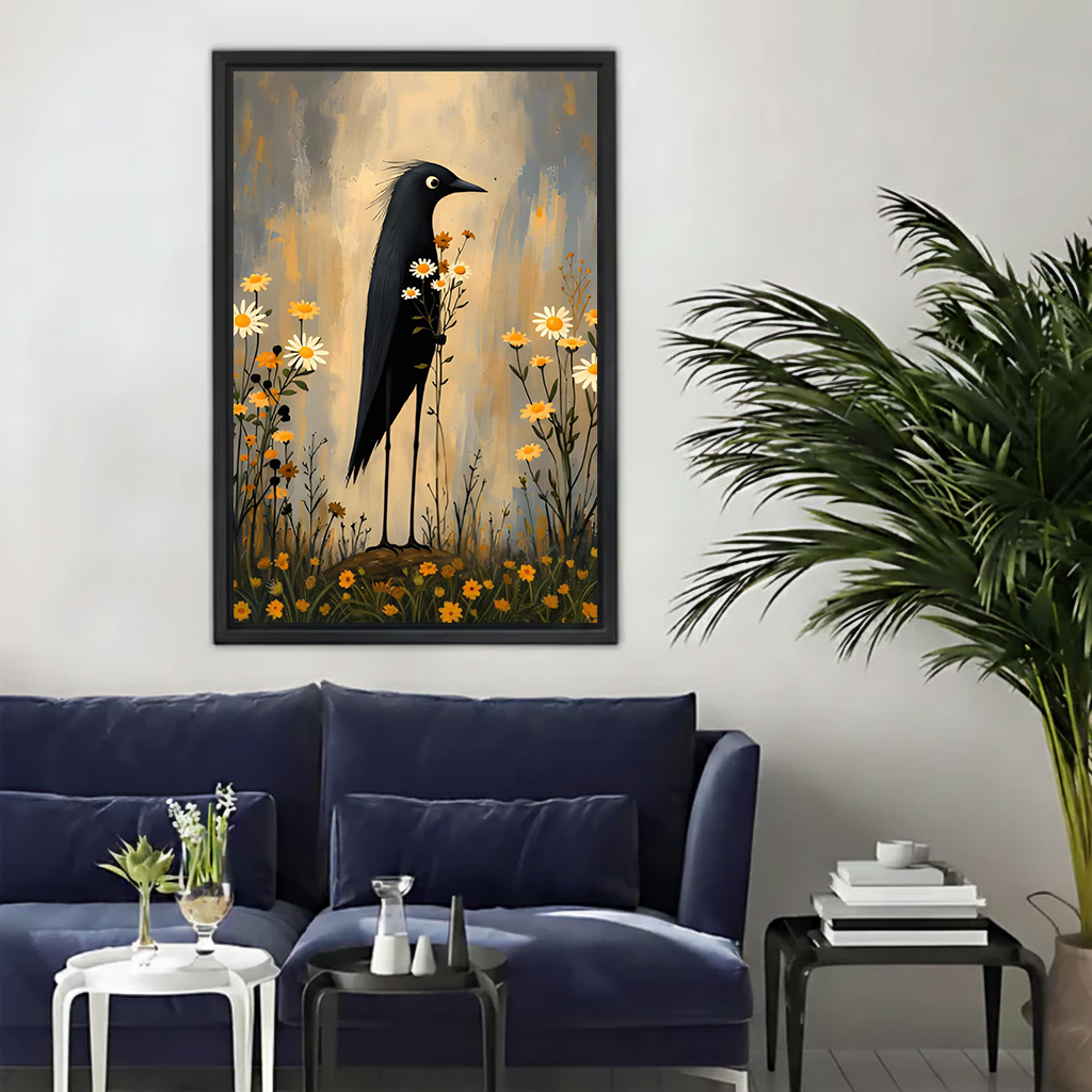 Black bird wildflower canvas wall art displayed unframed above a navy living room sofa.