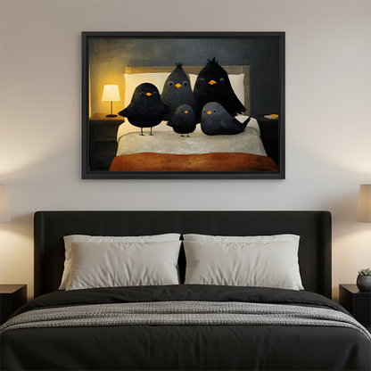 Framed black birds on a bed canvas wall art hanging above a dark bed with white pillows