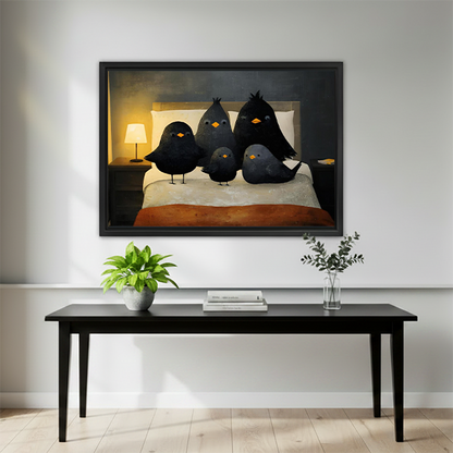 Woman holding a large framed black birds on a bed canvas wall art to show its horizontal size