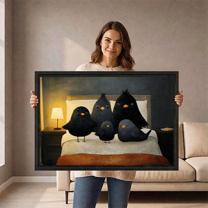 Gallery-wrap whimsical black birds on a bed canvas wall art above a wood console in a living room