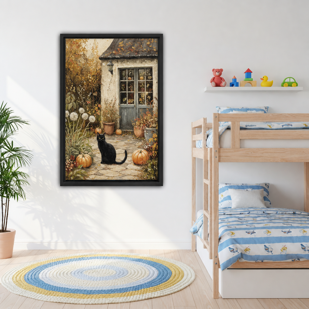 Framed black cat autumn cottage canvas art hanging beside a wooden bunk bed in a child's room.