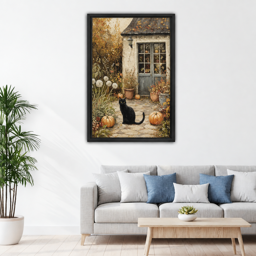 Framed black cat autumn cottage canvas art displayed above a light sofa in a living room.