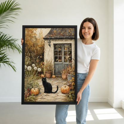 Woman holding framed black cat autumn cottage canvas art showing a cat among pumpkins outside a cottage.