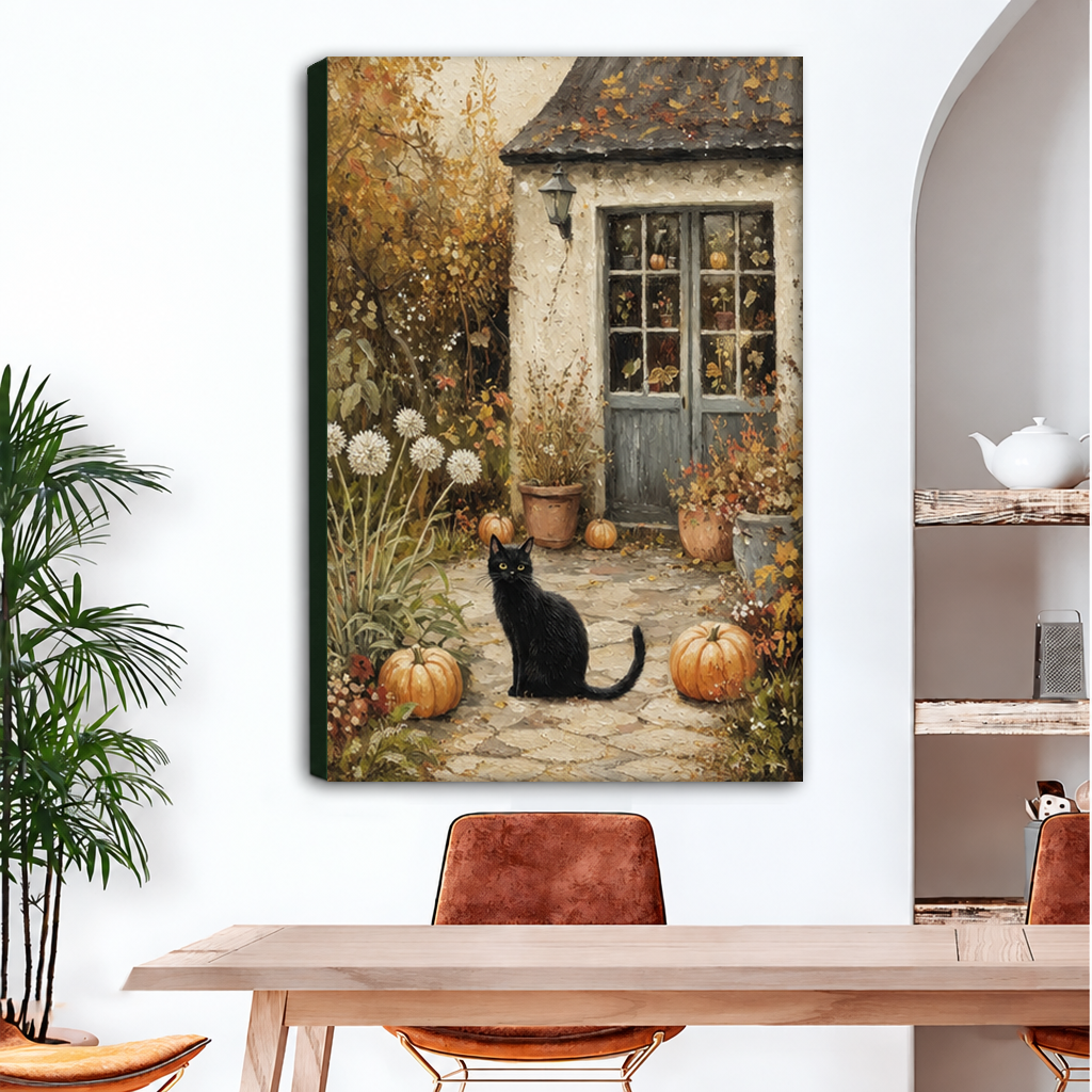 Gallery-wrap black cat autumn cottage canvas art displayed above a dining table, showing the wrapped side edge.