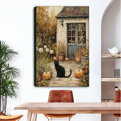 Gallery-wrap black cat autumn cottage canvas art displayed above a dining table, showing the wrapped side edge.