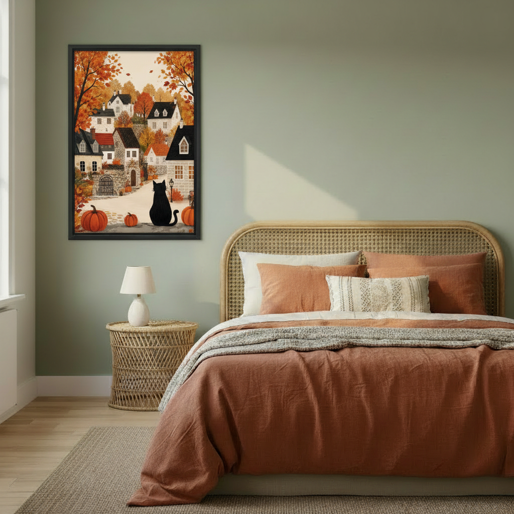 Black cat gazing at a cozy autumn village scene with pumpkins and fall trees framed portrait canvas beside a rattan headboard bed with terracotta bedding in a sage green bedroom