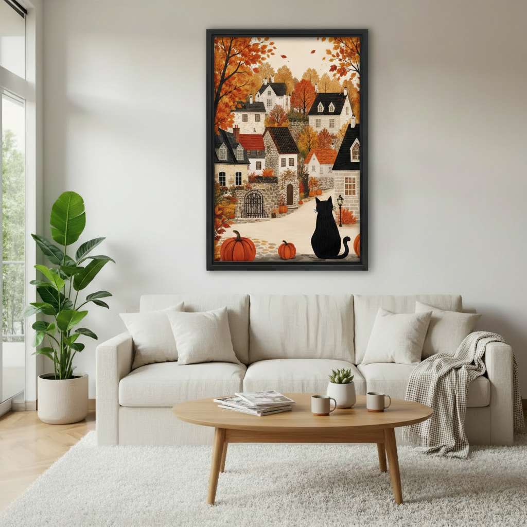 Black cat sitting in an autumn village with orange pumpkins and golden fall trees framed canvas above a cream linen sofa with round wood coffee table