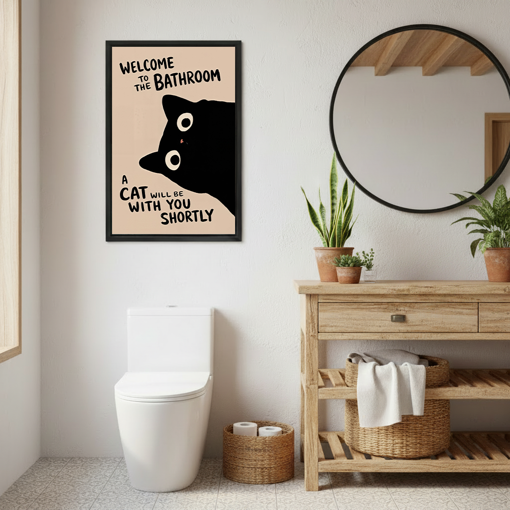 Retro black cat bathroom canvas wall art in a black frame above a colorful patchwork sofa.