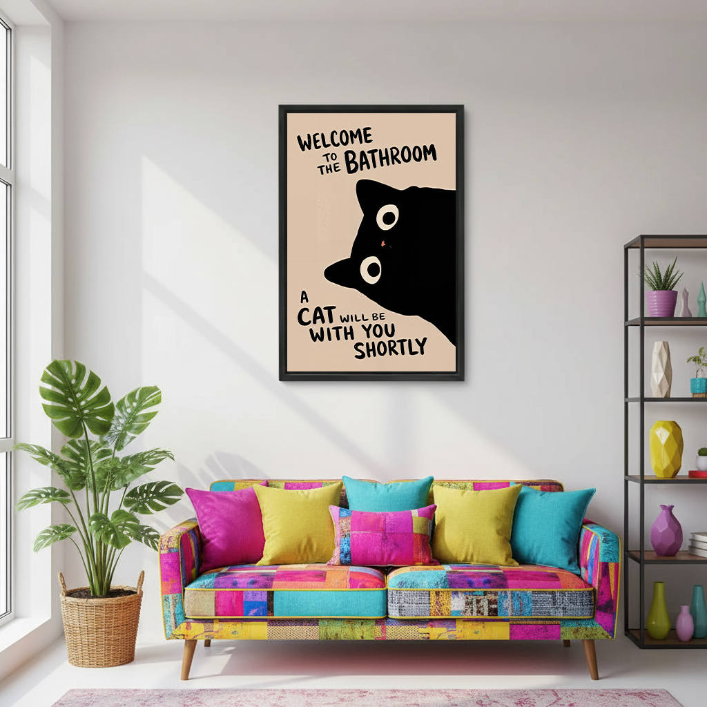 Framed black cat bathroom canvas wall art beside a wooden vanity, round mirror, and potted plants.