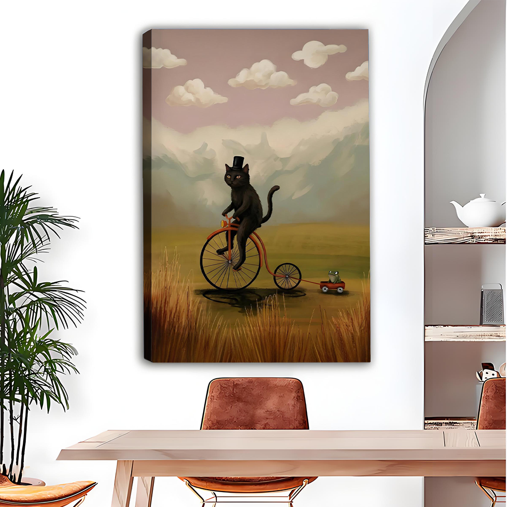 Black cat bicycle canvas print wall art mounted beside an arched alcove shelf