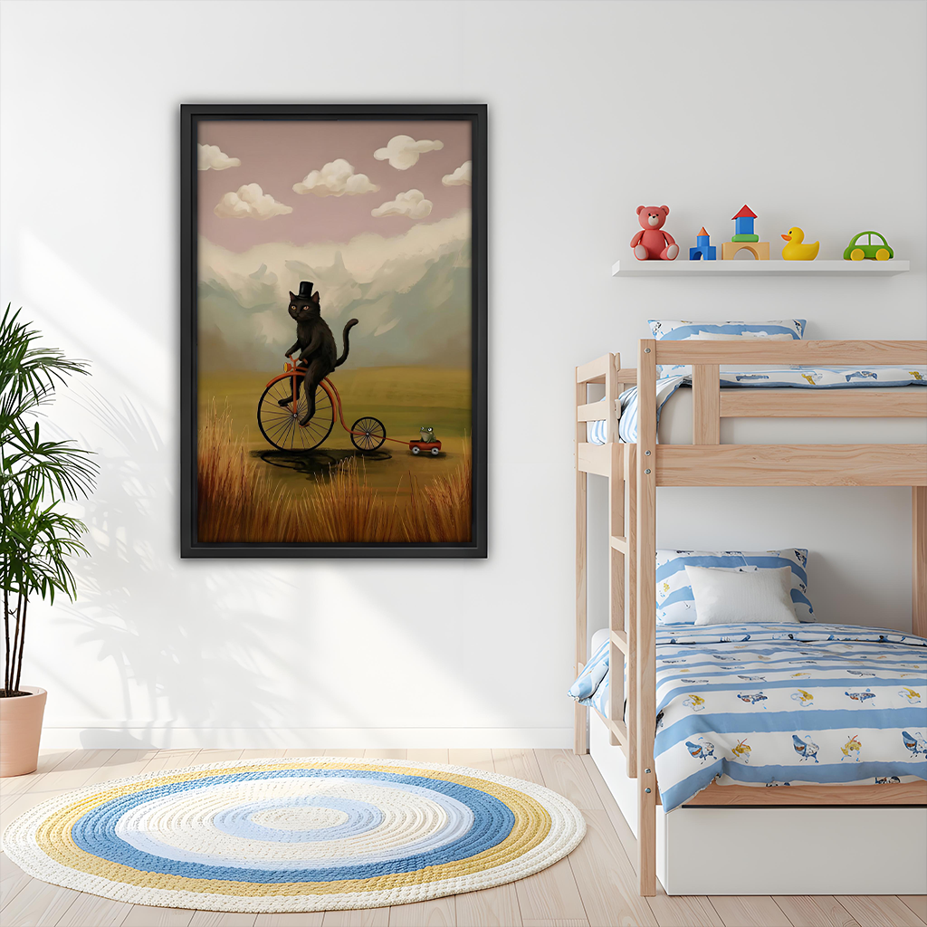 Black cat bicycle wall art hanging in a children's bedroom above a bunk bed