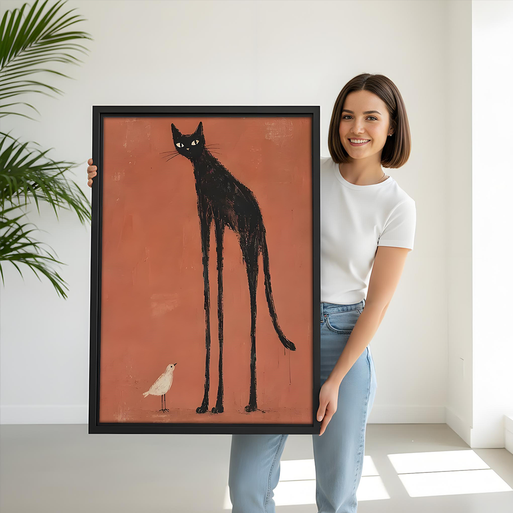 Framed black cat and bird canvas wall art with a warm terracotta background displayed beside wooden bunk beds.