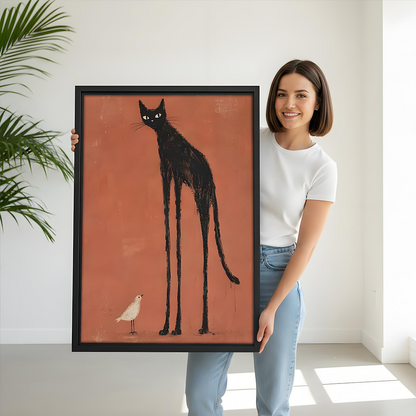 Framed black cat and bird canvas wall art with a warm terracotta background displayed beside wooden bunk beds.