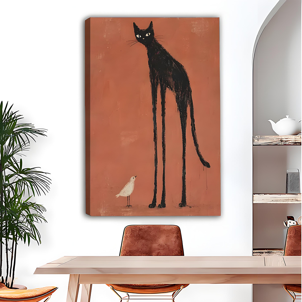 Gallery-wrap black cat and bird canvas wall art with long legs and a terracotta background above a dining table.