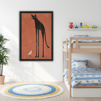 Woman holding framed black cat and bird canvas wall art featuring an elongated cat beside a tiny white bird.