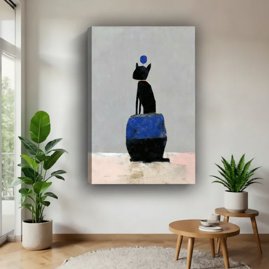 Black cat on blue block canvas wrap wall art, frameless stretched canvas print for modern home decor