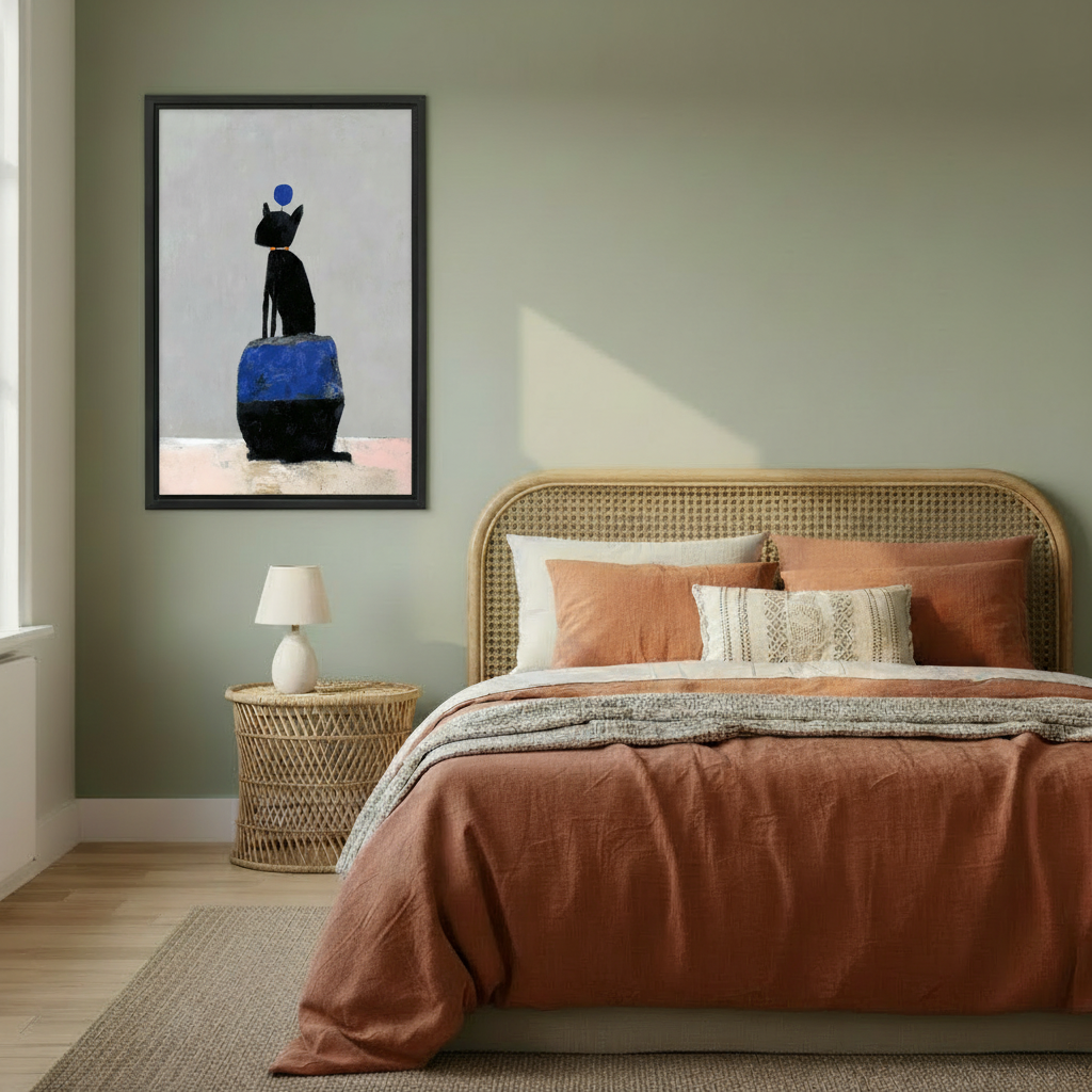 Minimalist black cat wall art print in black frame, boho bedroom decor with rattan bed and sage green wall