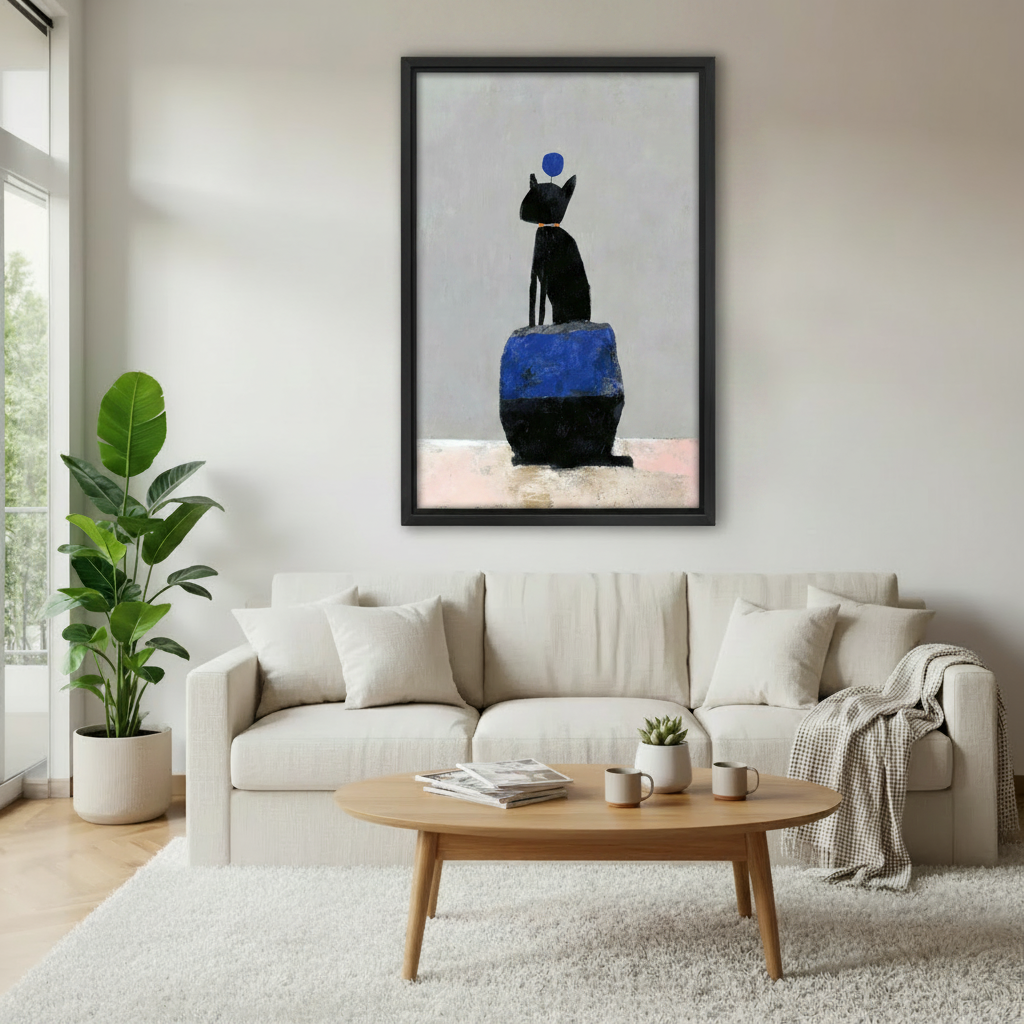 Black cat blue block minimalist framed canvas print above sofa, modern living room wall art decor