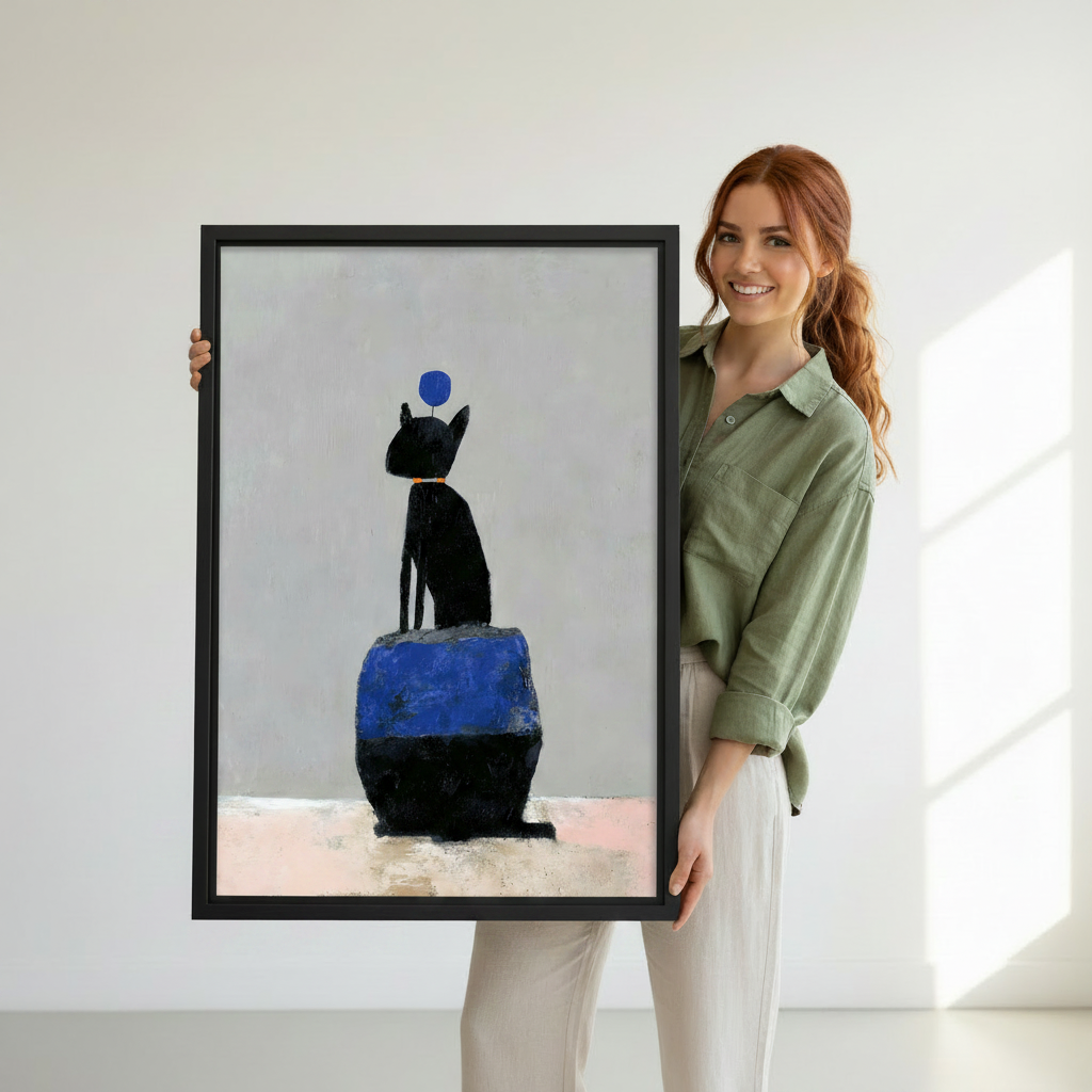 Woman holding black cat abstract wall art print in black frame, minimalist cat painting home decor