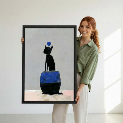 Woman holding black cat abstract wall art print in black frame, minimalist cat painting home decor