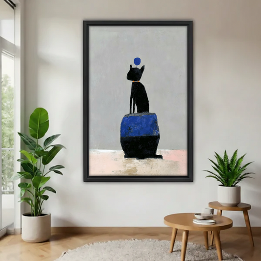 Black cat minimalist oil painting wall art print in black frame, modern living room decor with plants