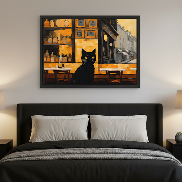 Whimsical Black Cat Cafe Canvas Wall Art | Framed & Unframed l5098