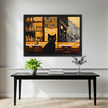 Whimsical Black Cat Cafe Canvas Wall Art | Framed & Unframed l5098