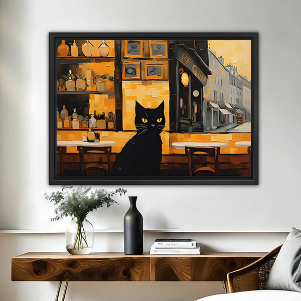Whimsical Black Cat Cafe Canvas Wall Art | Framed & Unframed l5098