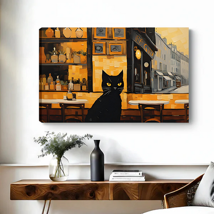 Whimsical Black Cat Cafe Canvas Wall Art | Framed & Unframed l5098