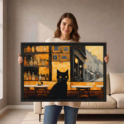 Whimsical Black Cat Cafe Canvas Wall Art | Framed & Unframed l5098