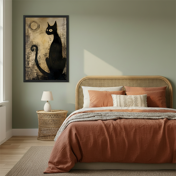 Black cat canvas wall art above a bedroom, featuring a seated cat, bright eyes, and weathered moonlit texture