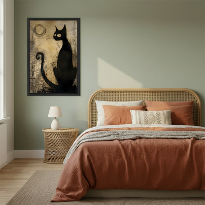 Black cat canvas wall art above a bedroom, featuring a seated cat, bright eyes, and weathered moonlit texture