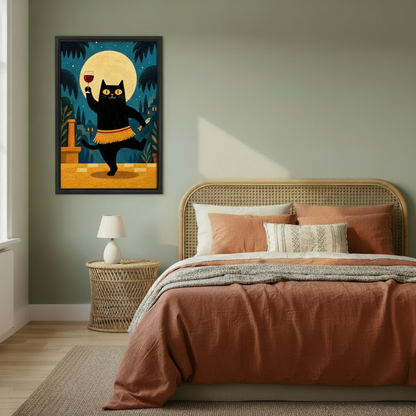 Black cat canvas wall art in a framed finish displayed above a warm-toned bedroom.