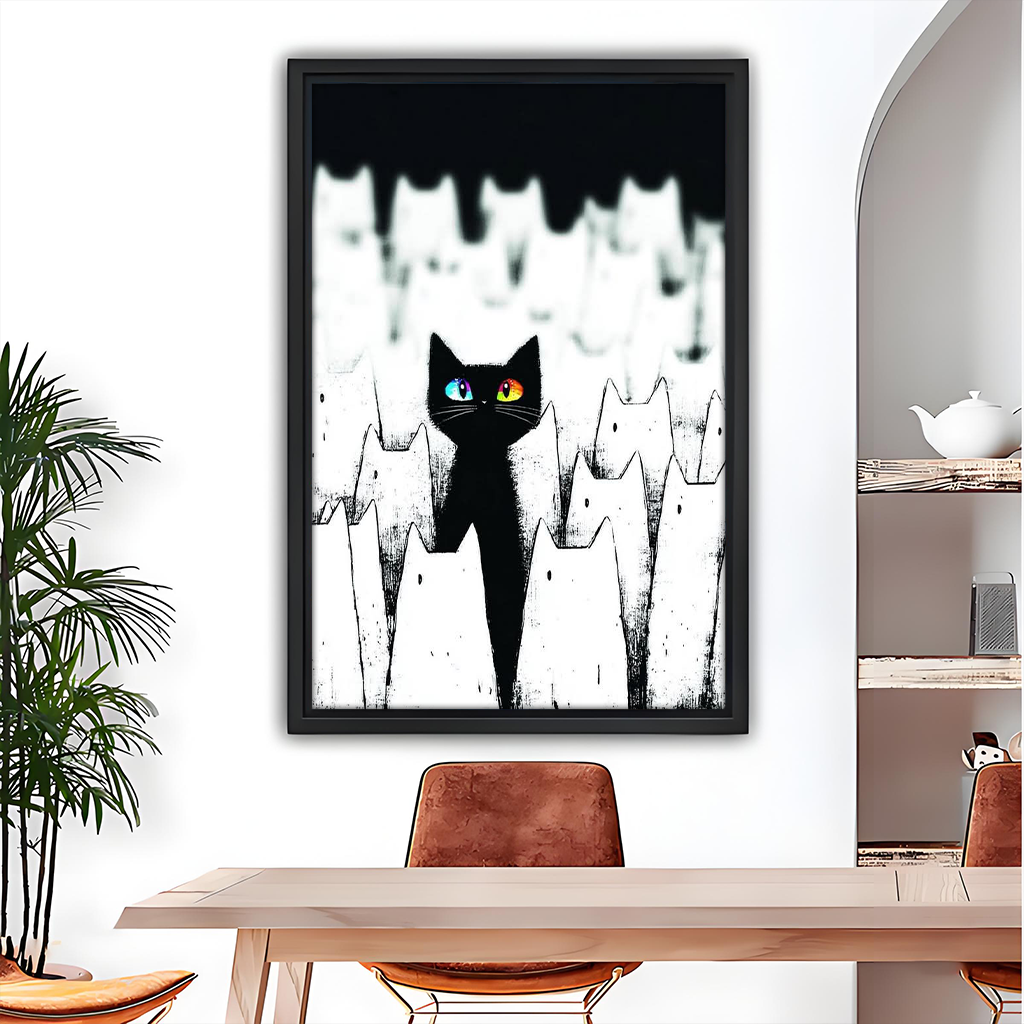 Black cat canvas wall art featuring a colorful-eyed cat among white silhouettes in a modern dining room