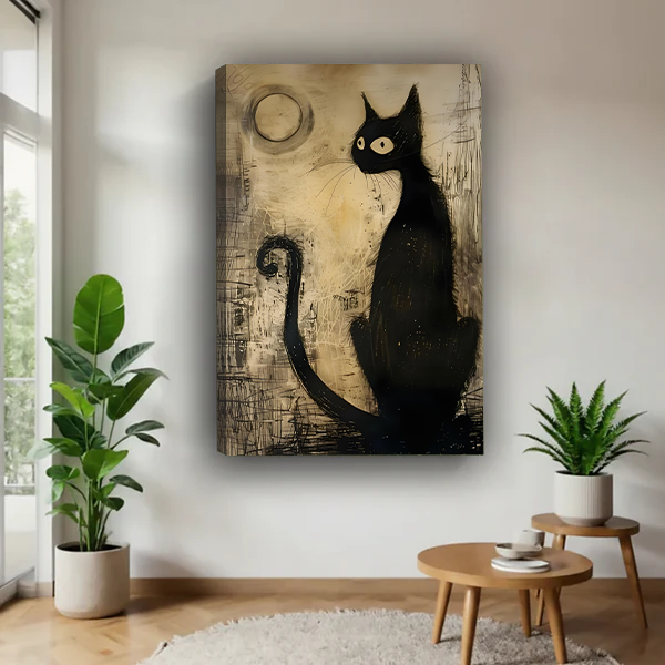 Framed black cat canvas wall art above a console, featuring bright eyes, a curling tail, and textured moonlit background