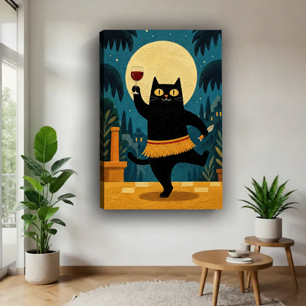 Black cat canvas wall art shown as a gallery-wrap canvas in a modern living room.