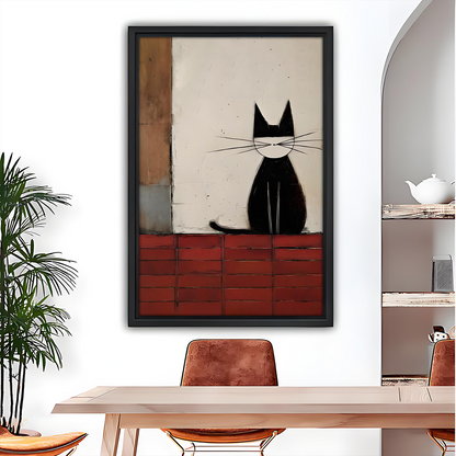 Minimalist black cat canvas wall art held by a smiling woman, showing the framed artwork's scale