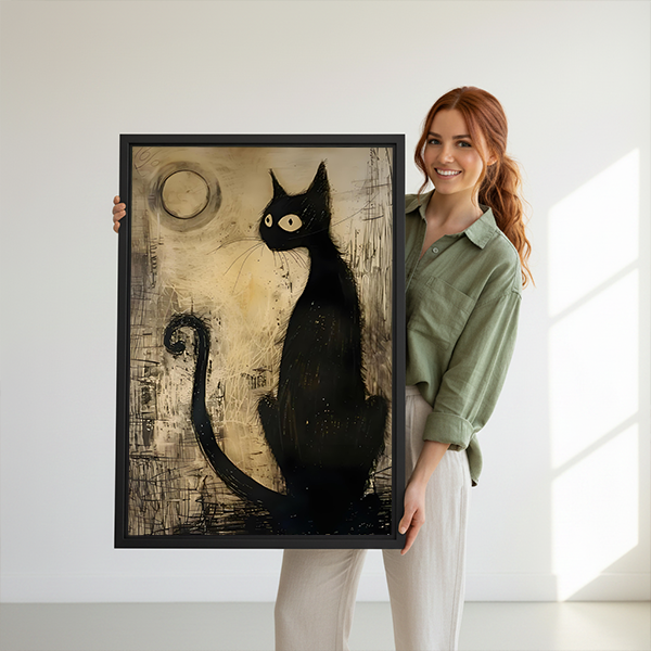 Woman holding black cat canvas wall art with a seated cat, pale moon, and expressive bright eyes