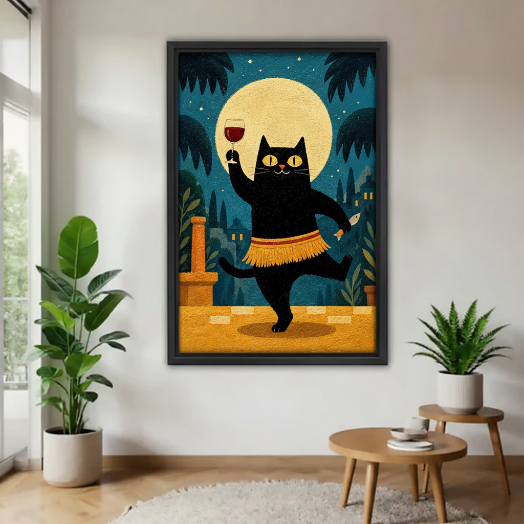 Black cat canvas wall art in a framed finish styled between indoor plants in a bright living room.